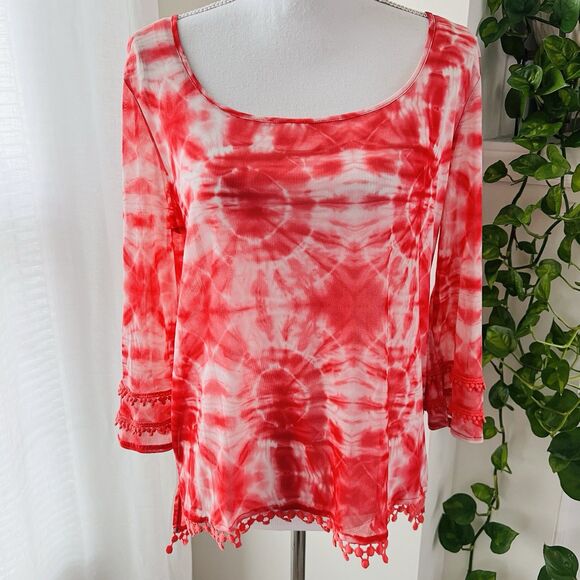 INC International Concepts Tops - INC International Concepts Coral & White Tie Dye Lightweight Boho Blouse Large